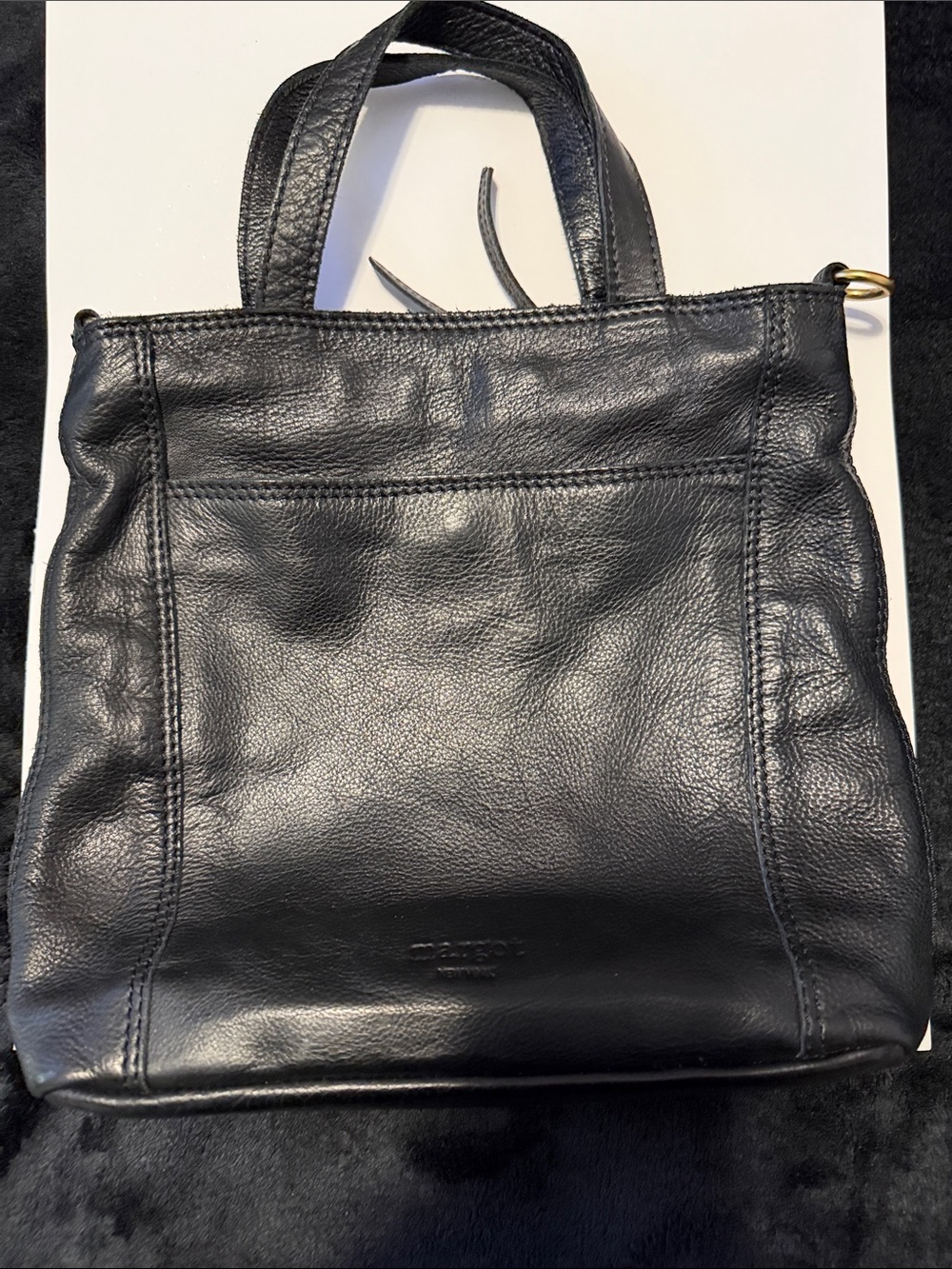 Black Leather Shoulder Tote Bag with Top Handles